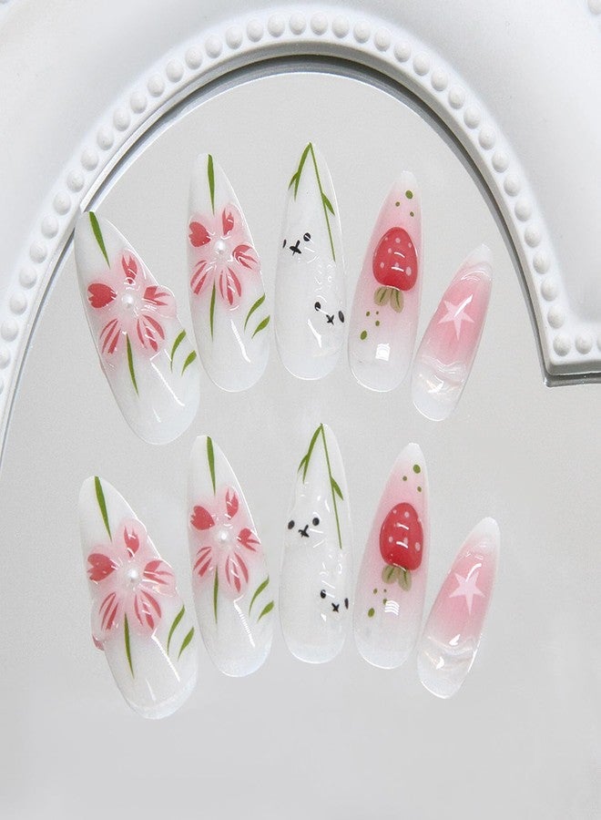 CJDLTS Flower Press on Nails Medium Almond Shaped 3D Cute Floral Blush Strawberry with Glossy Rabbit Pearl Stick on Nails Full Cover Artificial Acrylic Fingernails Glue on Nail for Women Manicure - Image 2